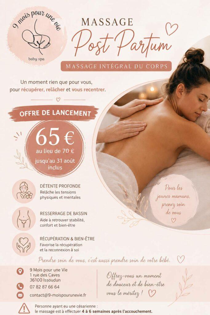 Affiche du massage post partum, promotion de lancement
